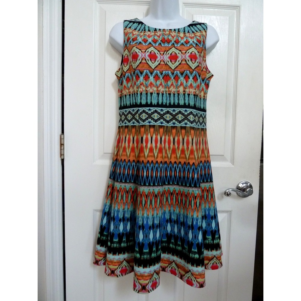 *GABBY SKYE Sz 8 Sleeveless Back Zip Dress Colorful Aztec Southwest Fit & Flare*